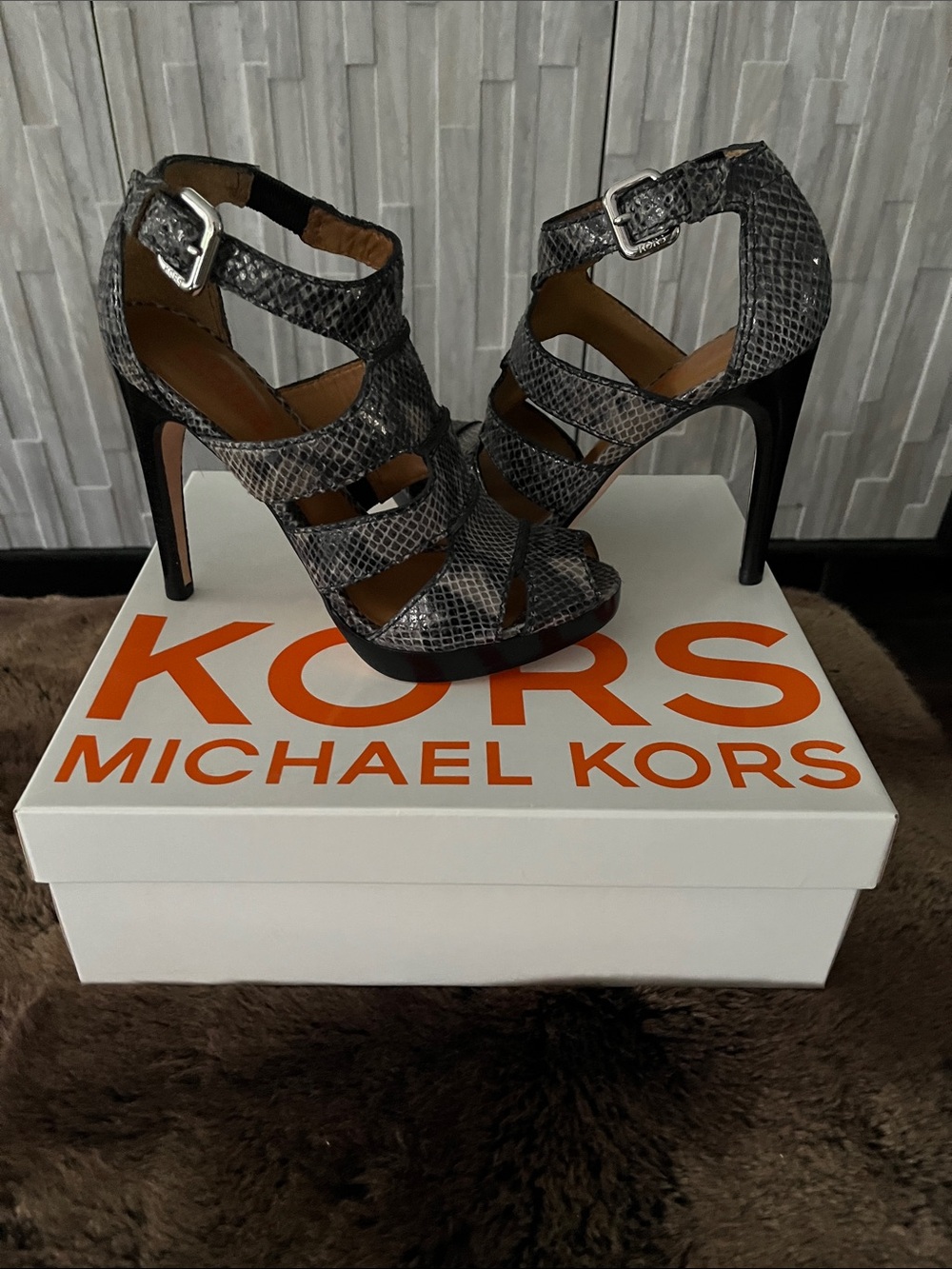 Michael Kors Black and Gray Snakeskin Strappy Stiletto Sandals